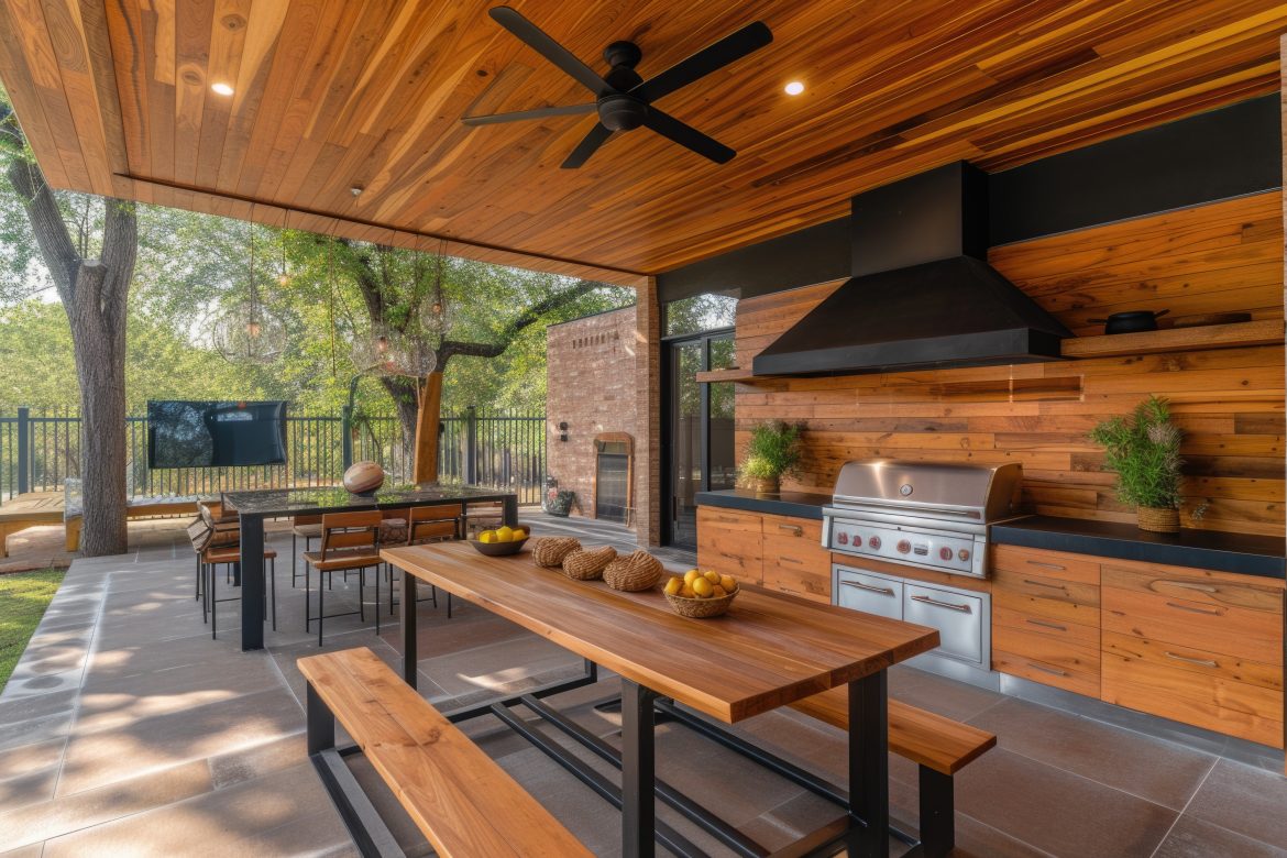 An outdoor kitchen with a grill and picnic table. Perfect for outdoor cooking and dining